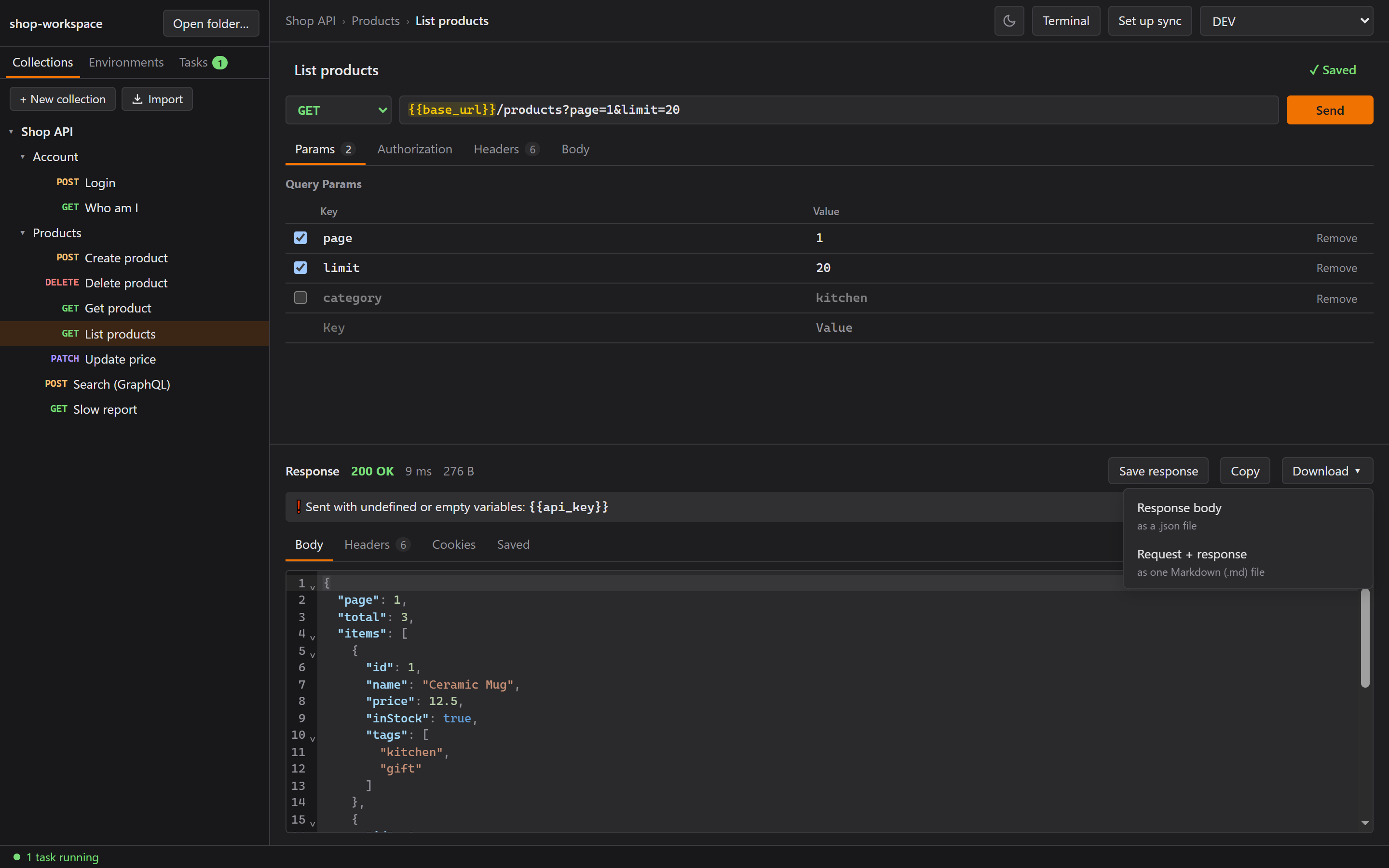 The Download menu: response body, or request + response as Markdown