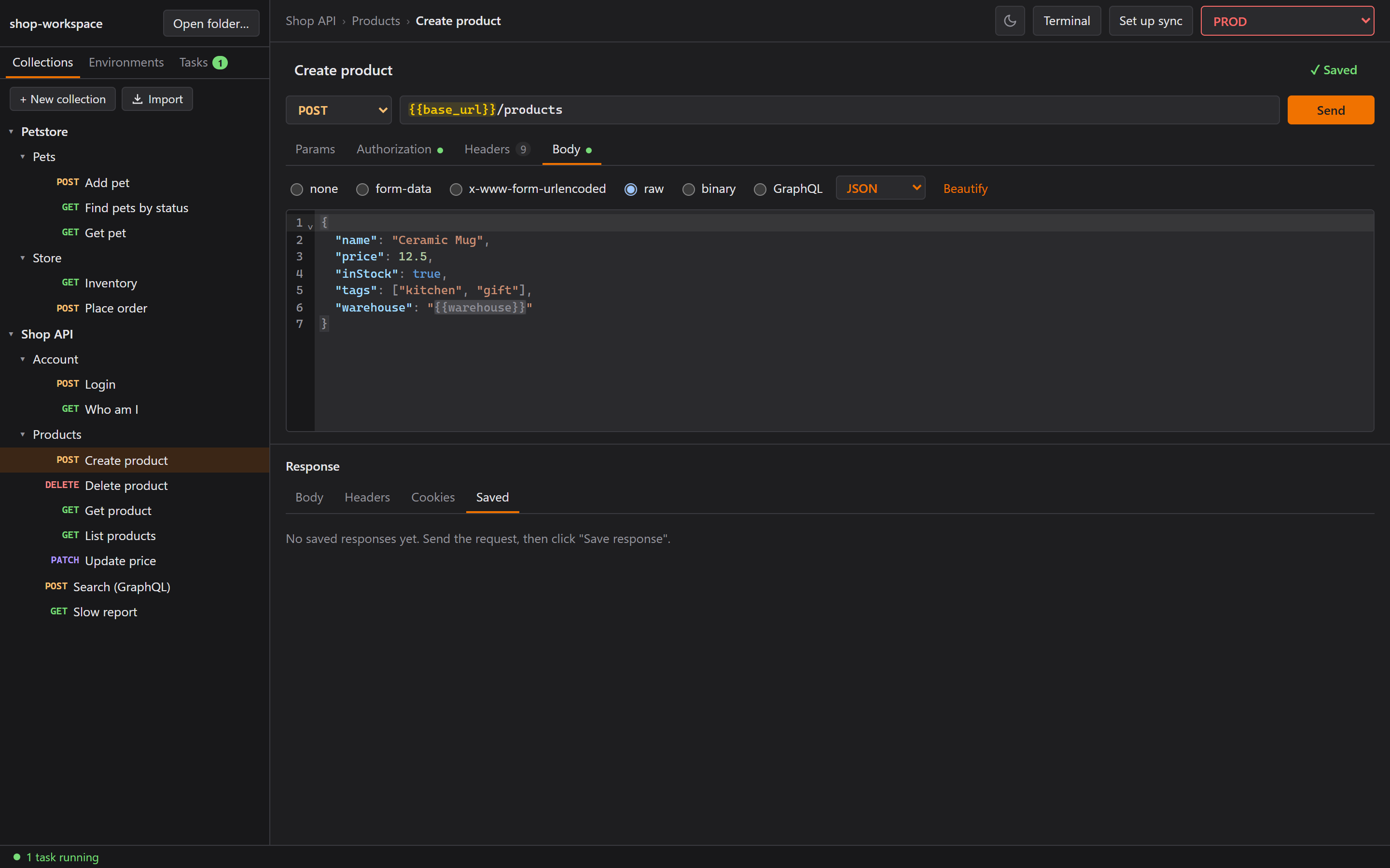 The environment picker in red with PROD selected