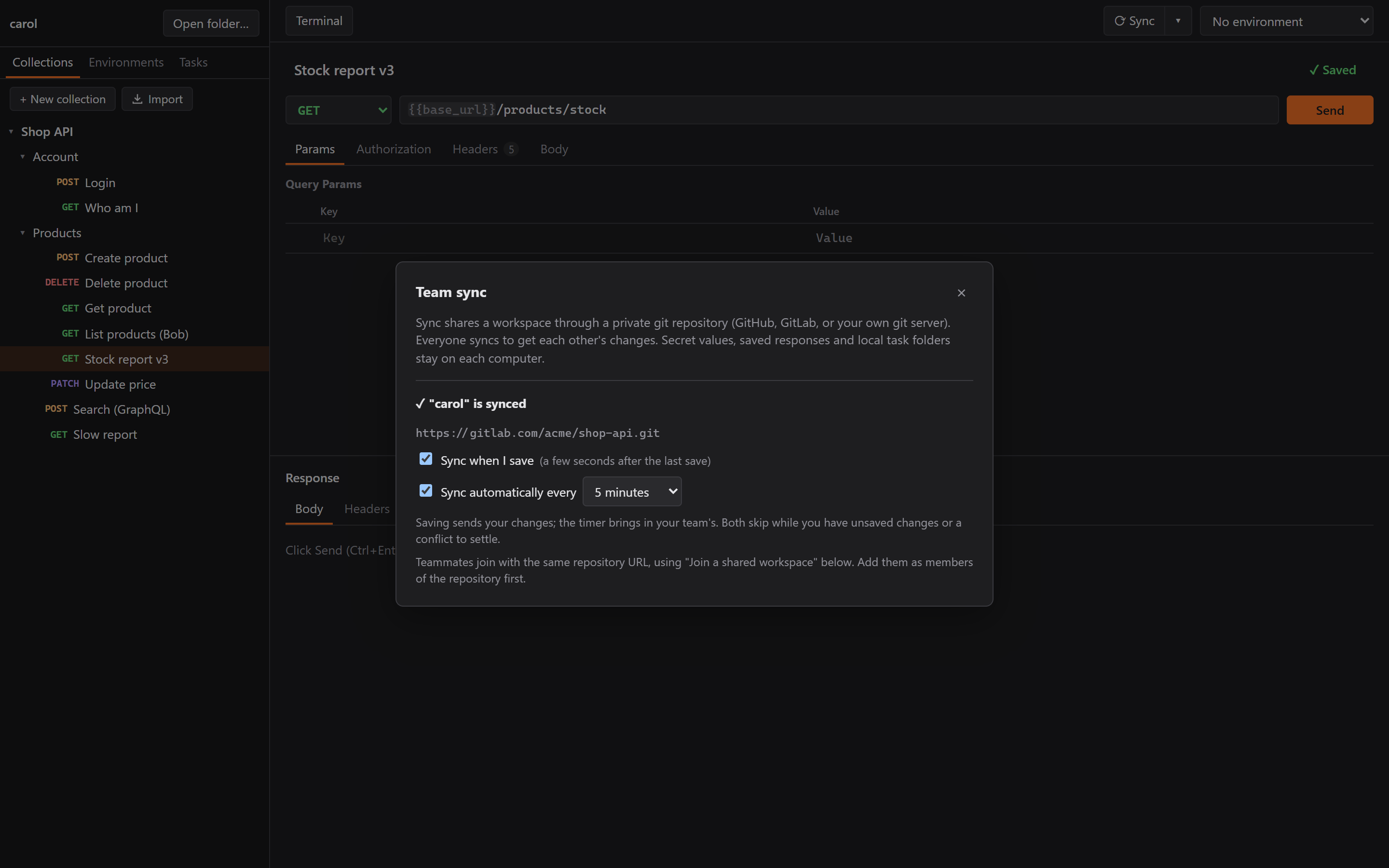 Sync settings: sync when I save, and check every 5 minutes