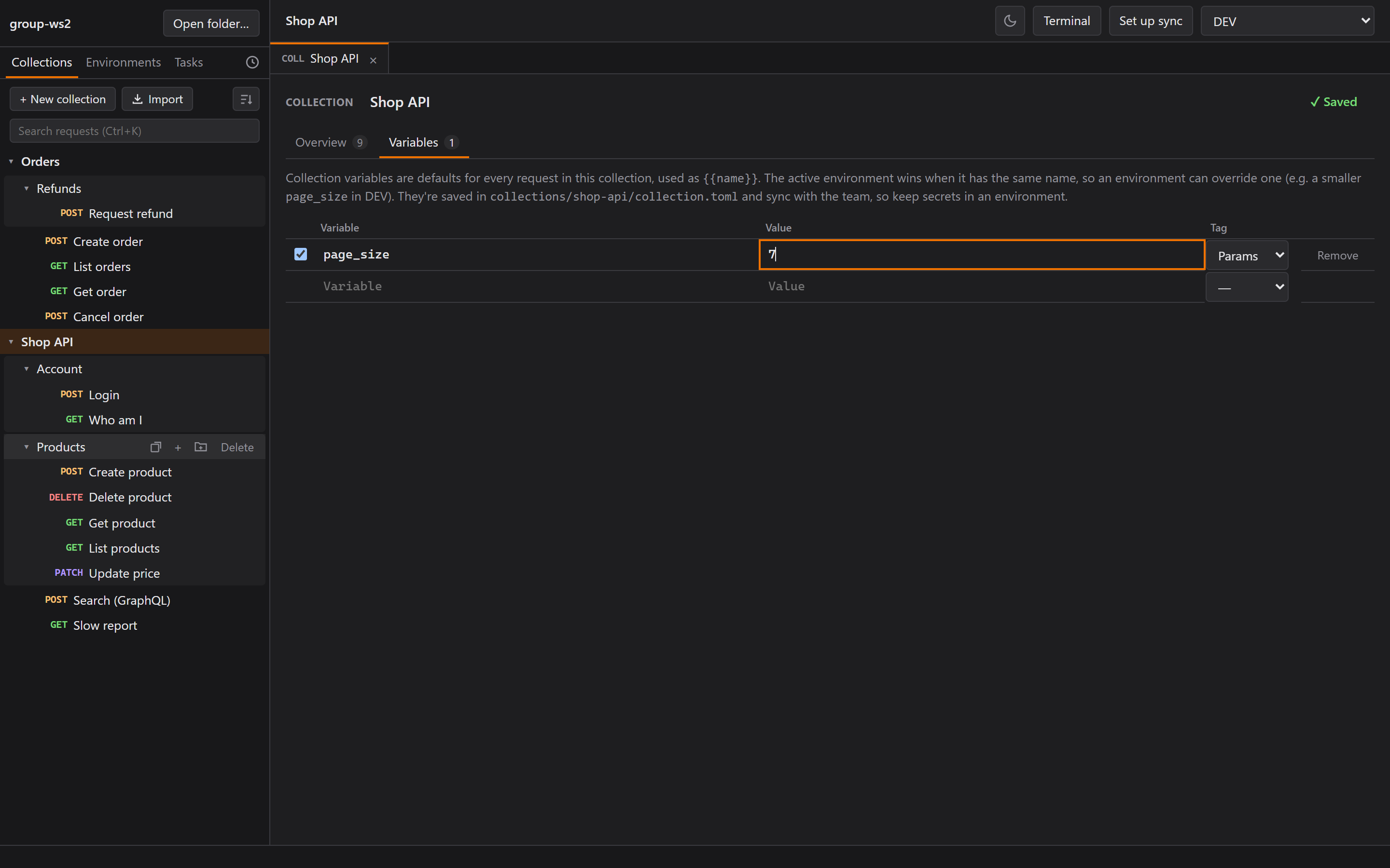 A collection tab with its Variables section
