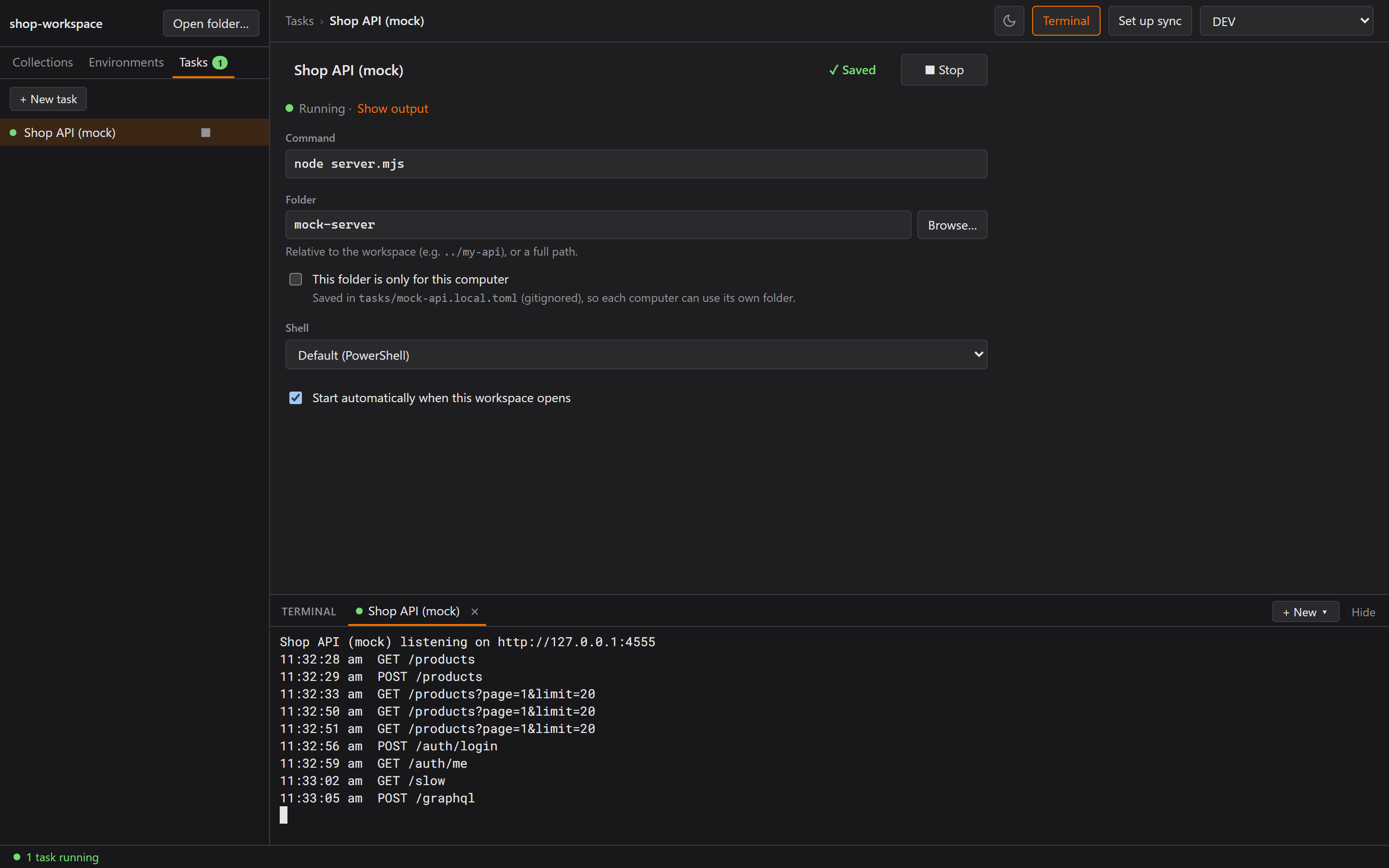 The task editor, the Tasks tab, and the mock server's live log