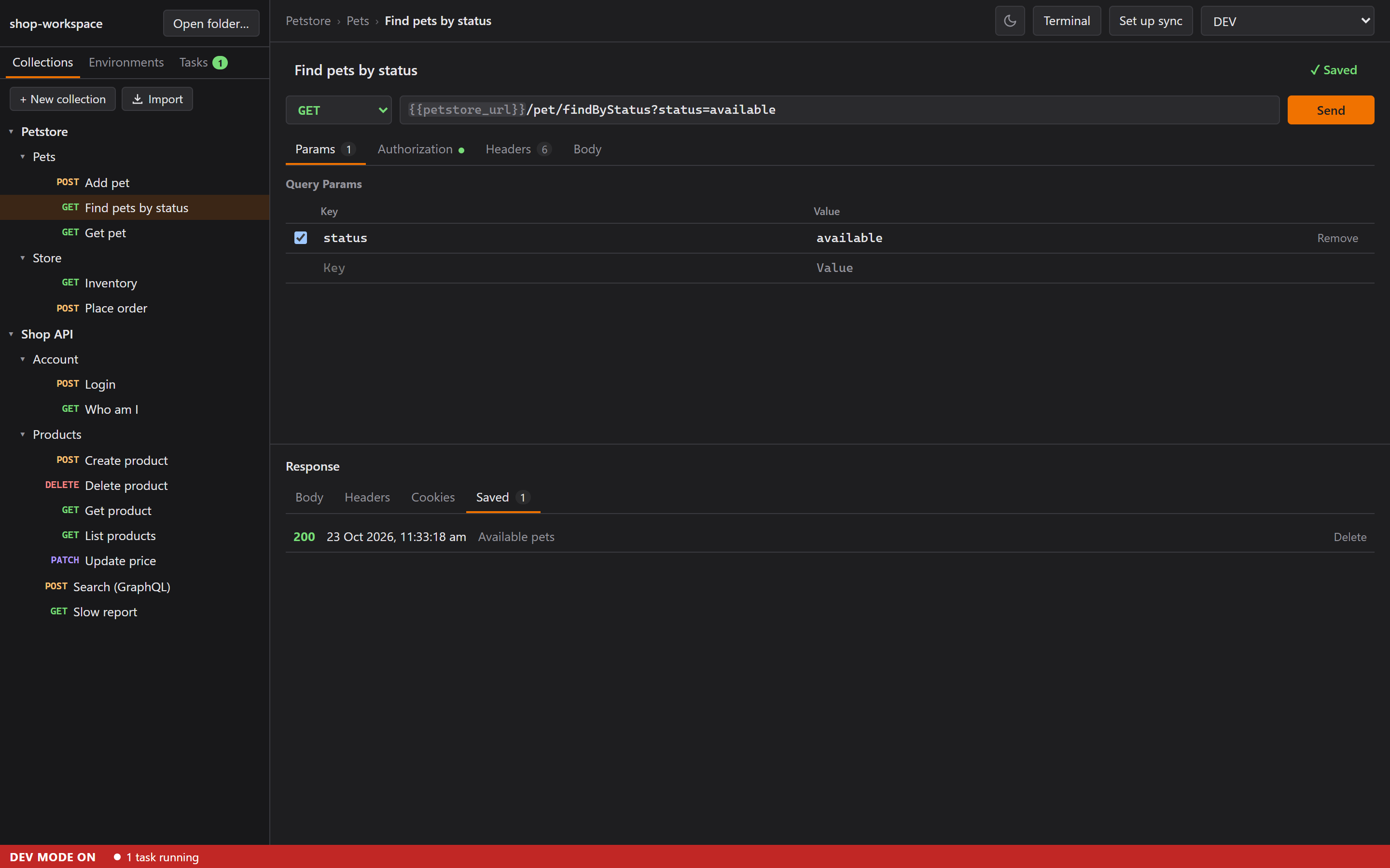 An imported Postman collection, its example shown as a saved response