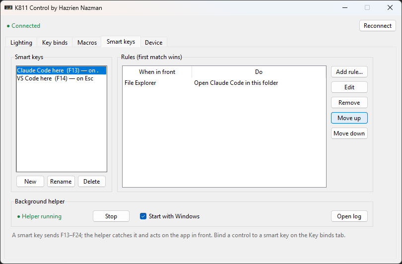 My app's Smart keys tab: "Claude Code here" on F13 and "VS Code here" on F14, with a rule for File Explorer and the background helper running