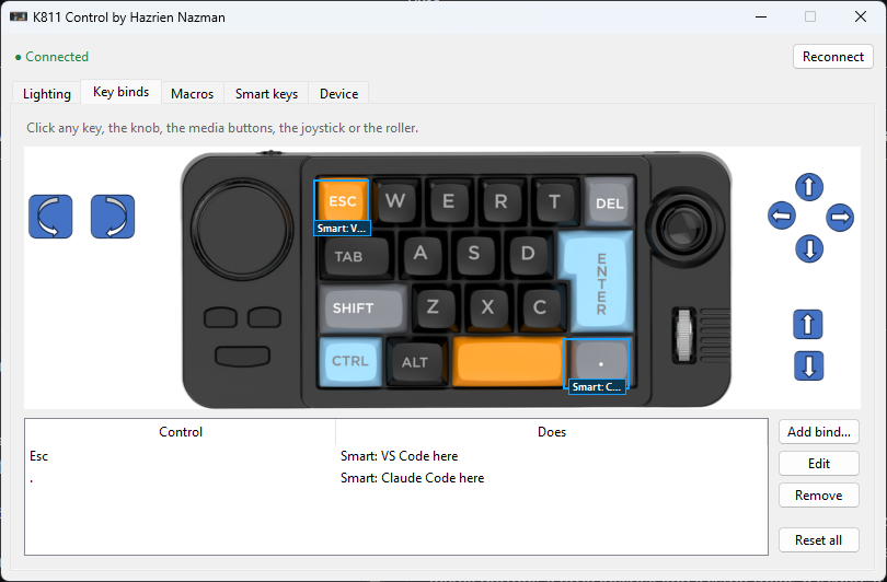 My app's Key binds tab: a clickable picture of the pad, with Esc and the dot key bound to smart keys