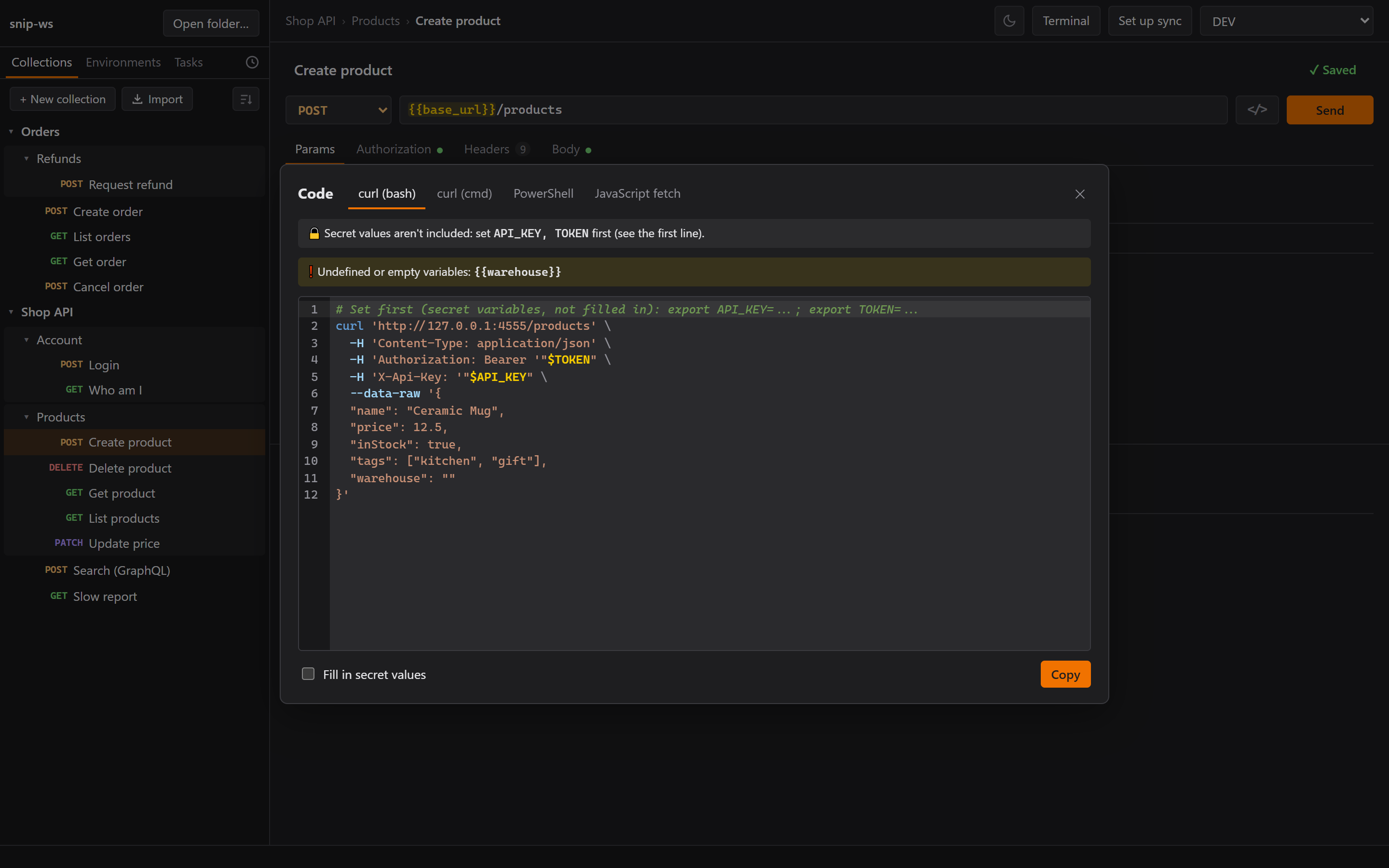 The Code panel showing a curl snippet