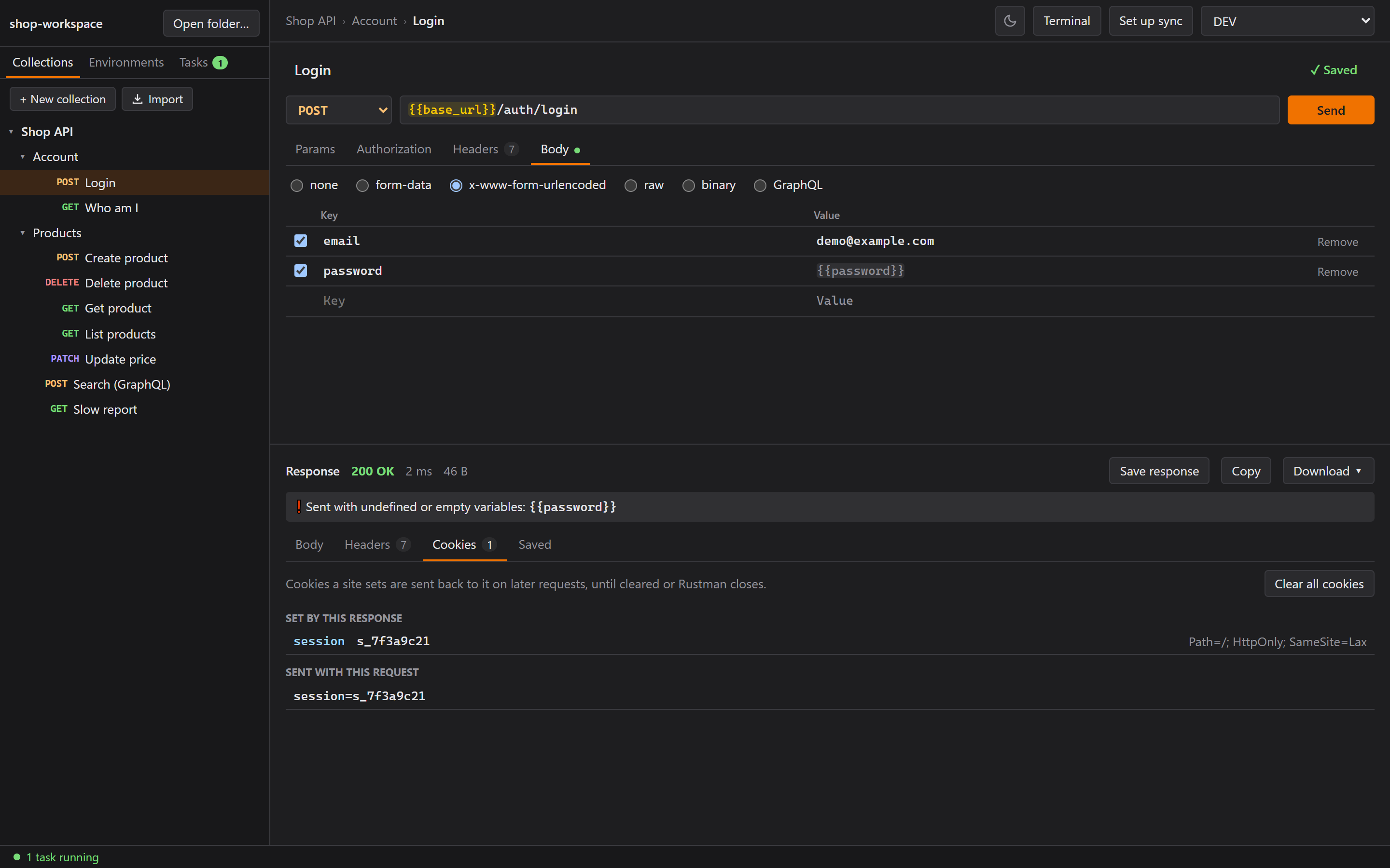 The Cookies tab after a login: the session cookie the server set