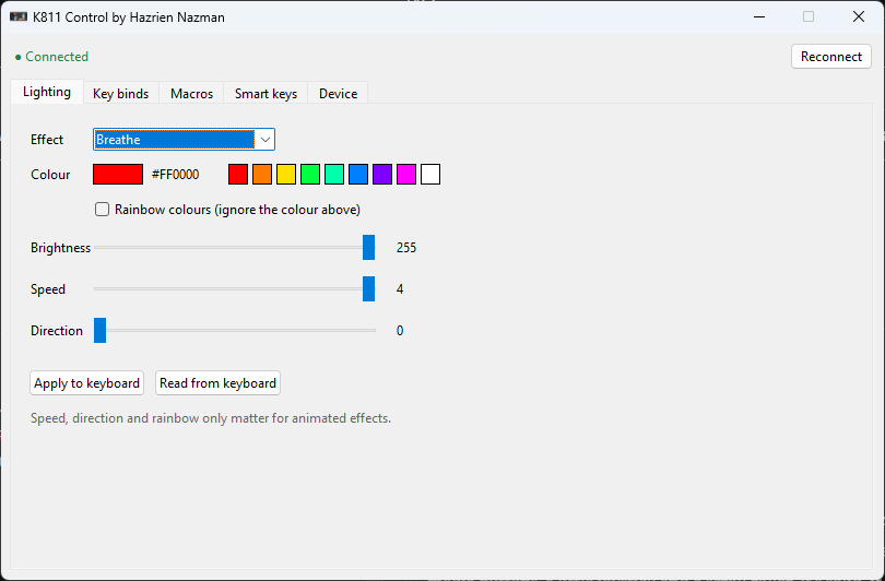 My app's Lighting tab: effect, colour swatches, brightness, speed and direction