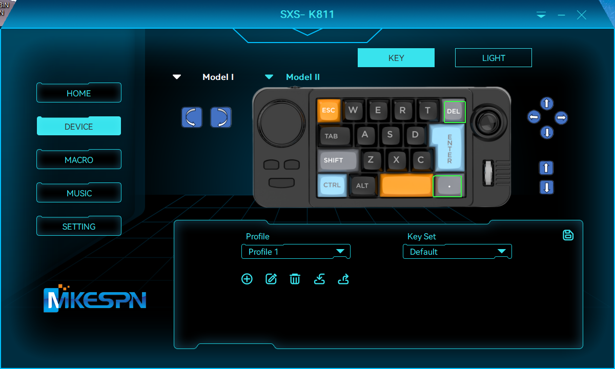 The vendor app: a glowing blue window with a picture of the K811 and Home, Device, Macro, Music and Setting buttons