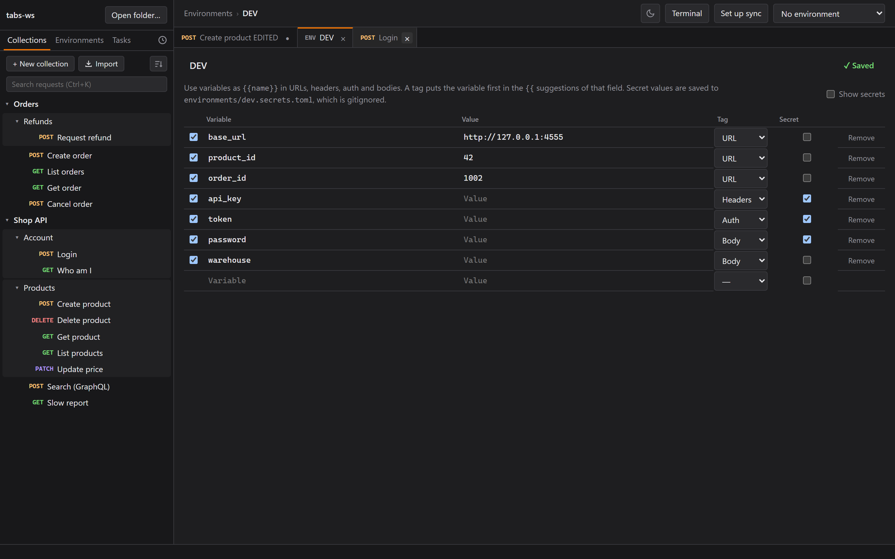 Tabs: an edited request (●), an environment, and a request